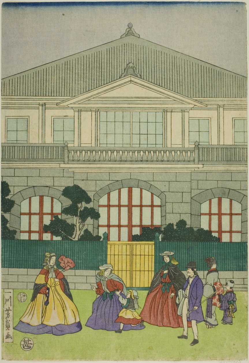 Woning van Franse Koopman in de Haven van Yokohama (Yokohama ko Furansu shokan no zu) door Utagawa Yoshikazu