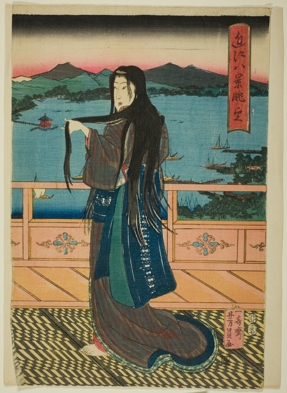 De acht uitzichten op het Biwameer in de avond (Omi Hakkei Moku) door Utagawa Yoshikazu