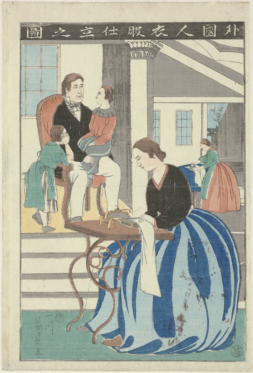 Westerse vrouw achter een naaimachine door Utagawa Yoshikazu
