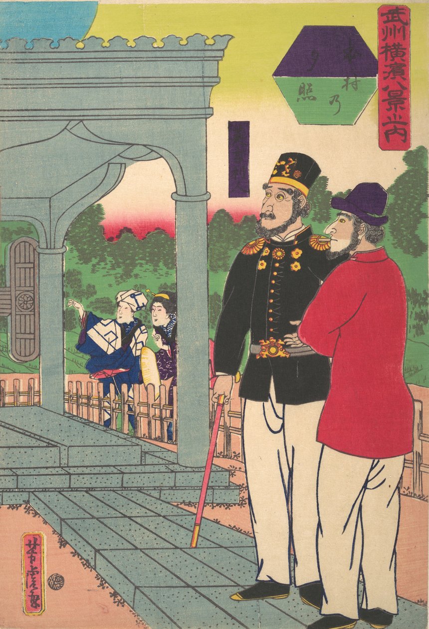 Avondgloed bij Motomura [Twee Engelsen kijken naar de zonsondergang] door Utagawa Yoshitora