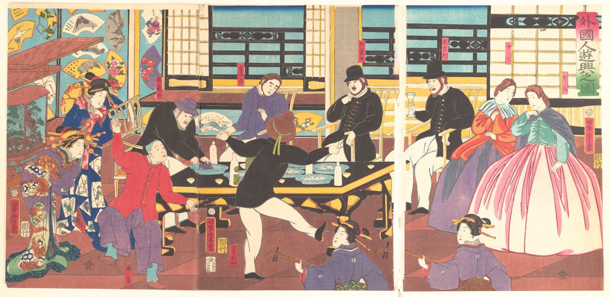 Buitenlanders die van een Feest Genieten, 1e maand, 1861 door Utagawa Yoshitora