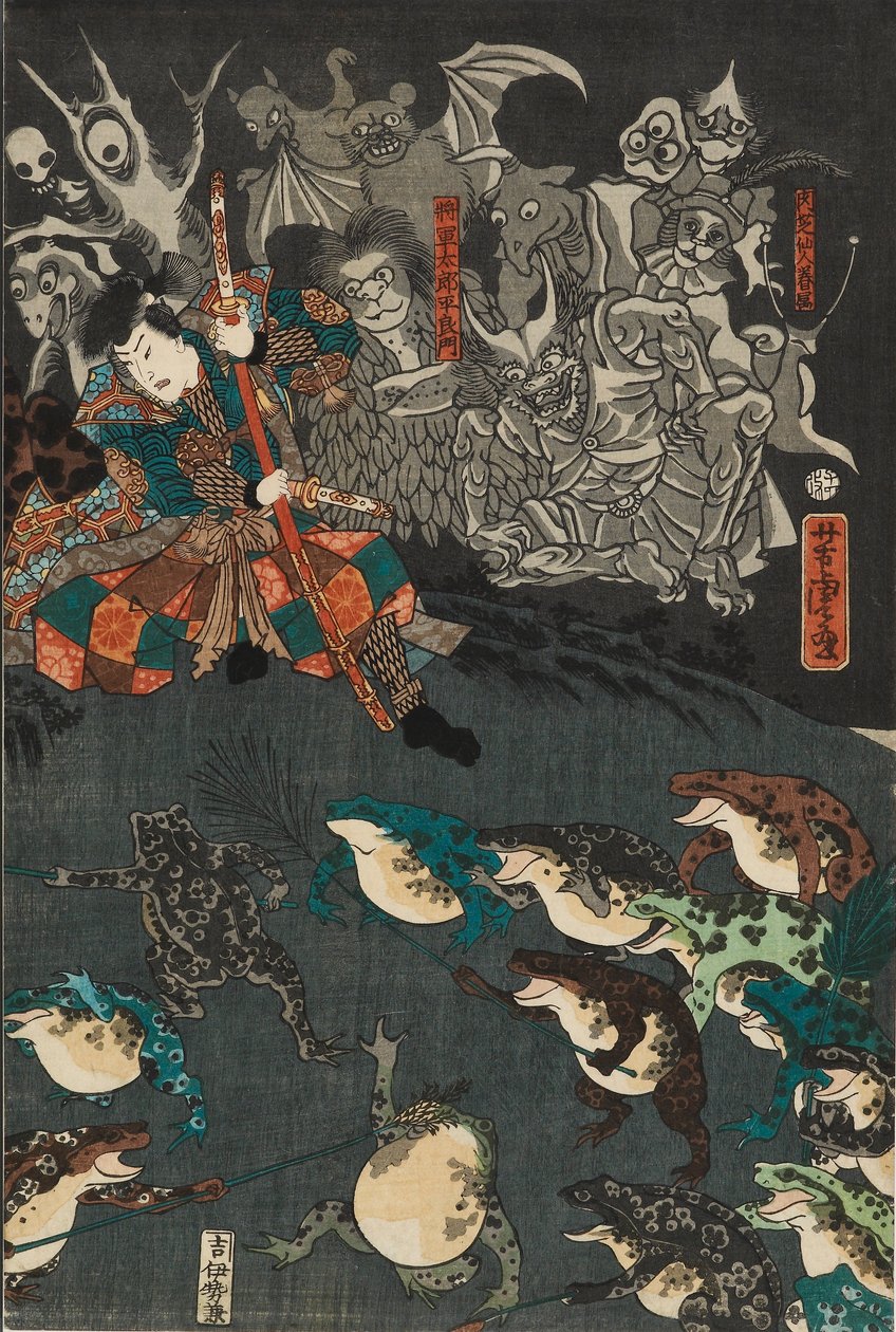 Nikushi de Kikkerspirit roept een magische strijd van kikkers op in Tateyama in de provincie Etchu, 1864 door Utagawa Yoshitora