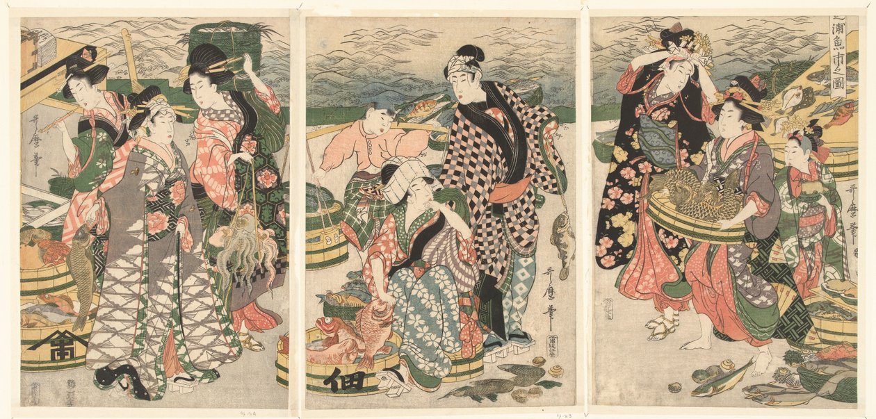 Gezicht op de vismarkt op het strand te Shiba door Utamaro (II) , Kitagawa