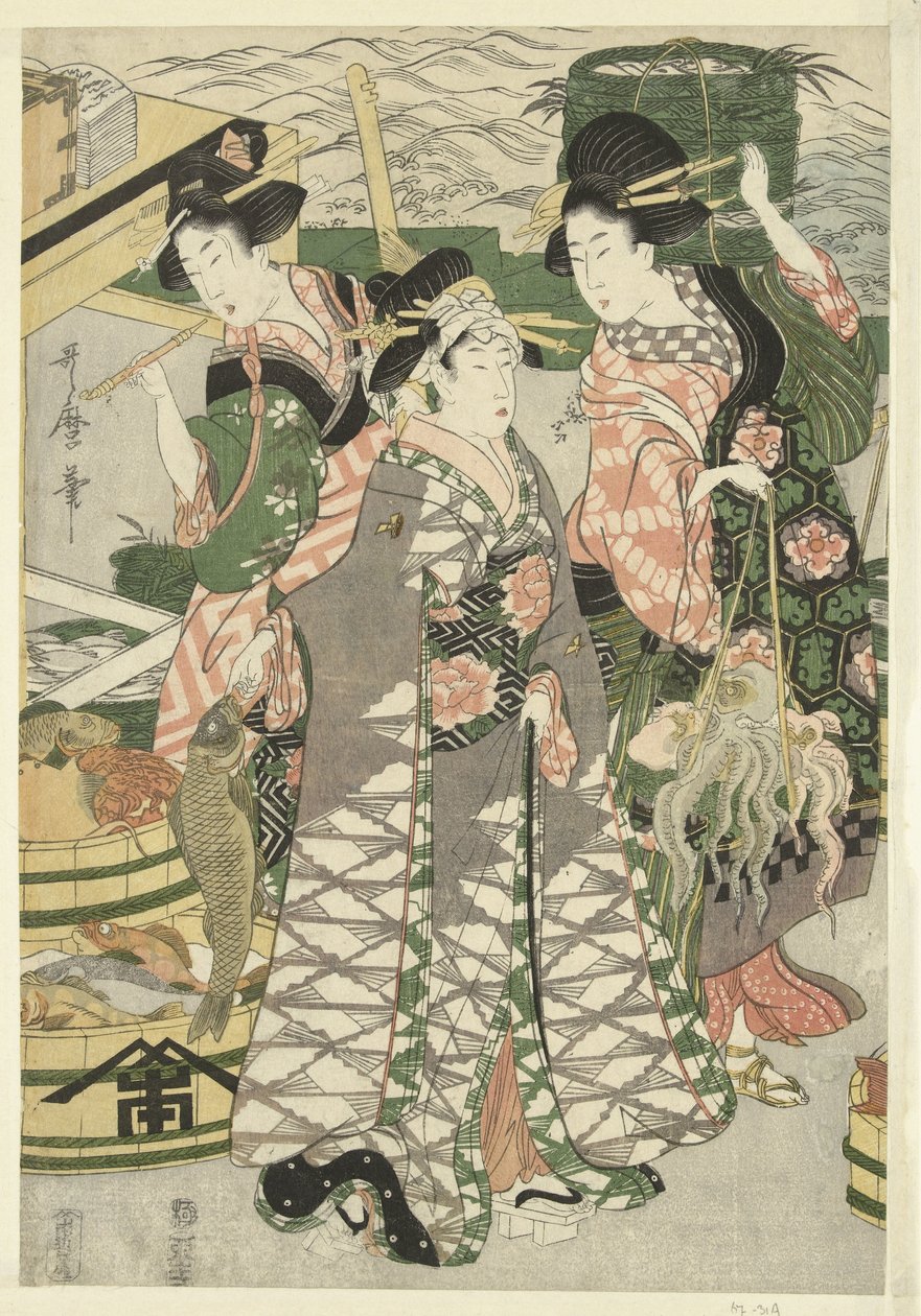 Gezicht op de vismarkt op het strand te Shiba door Utamaro (II) , Kitagawa