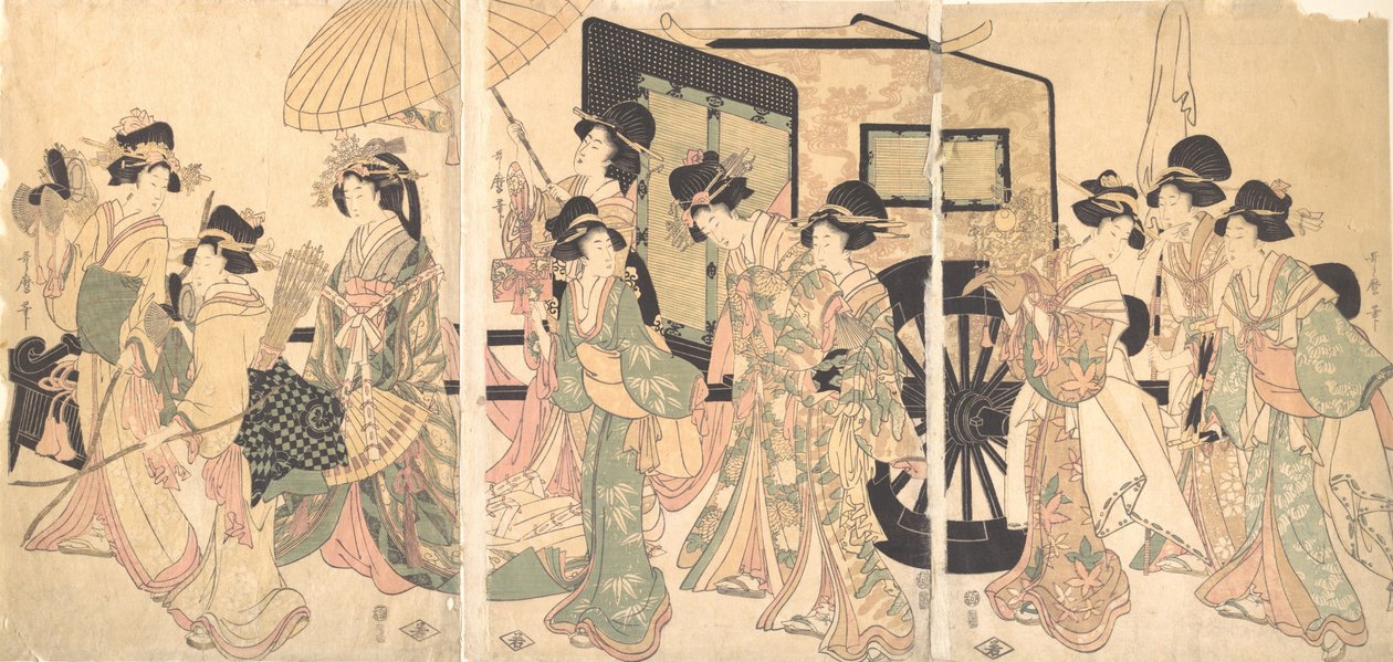 Dames rondom een kar door Utamaro II