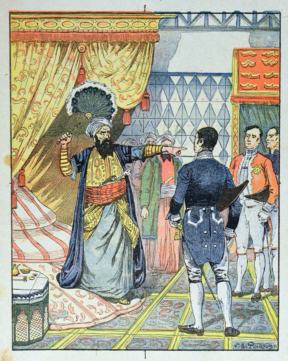 De Dey van Algiers, Hussein ibn El Hussein slaat de Franse ambassadeur, M. Deval met een waaier, 27 april 1827, omslag van een schoolboek, 1891 door Victor Armand Poirson