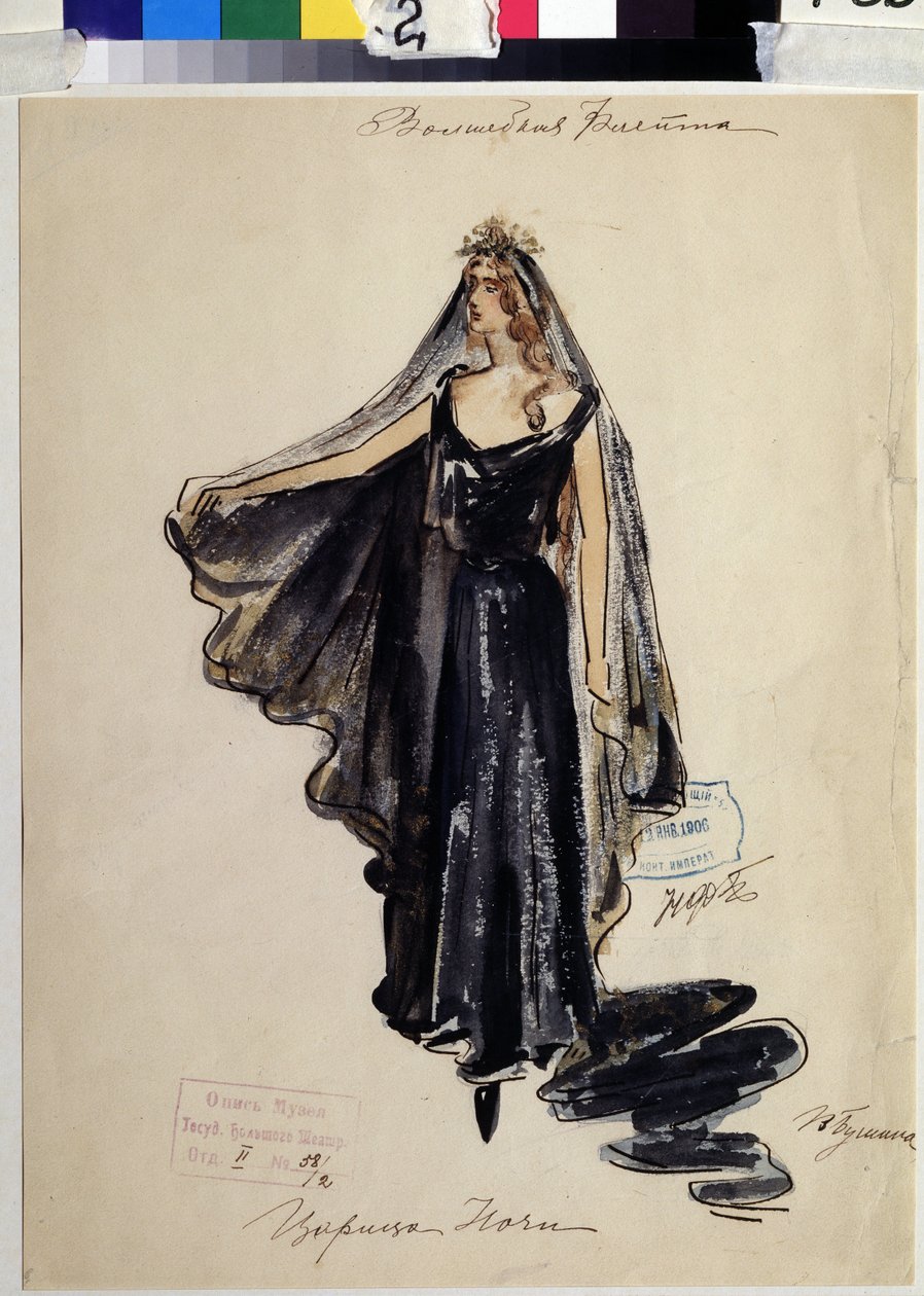 Kostuumontwerp voor de opera "Die Zauberflöte" van Wolfgang Amadeus Mozart door V. Bushina