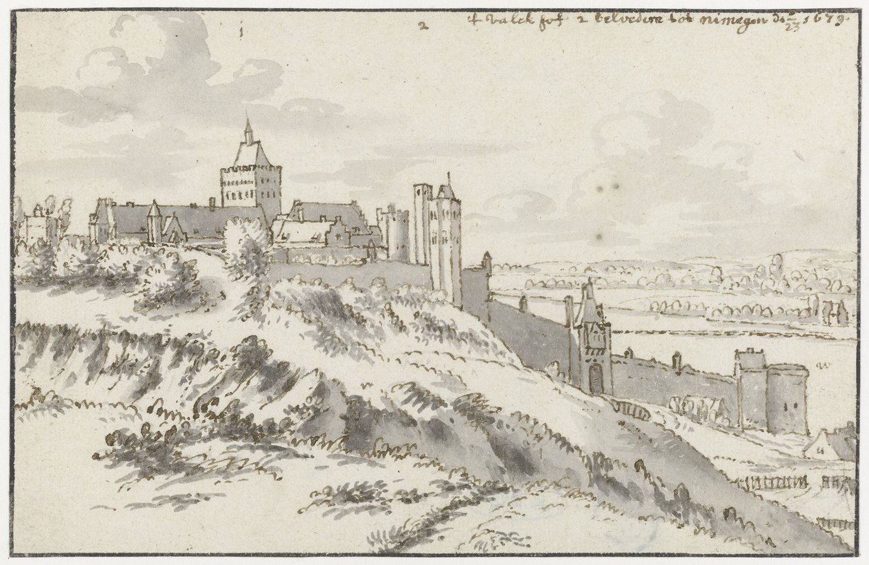 Gezicht op het Valkhof en Belvedere in Nijmegen door Valentijn Klotz (possibly)