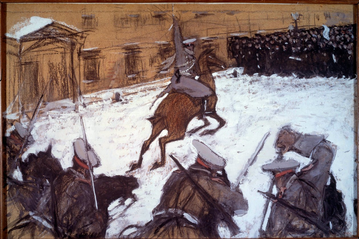 Rode Zondag (Bloedige Zondag) in Sint-Petersburg: Militaire repressie tijdens de demonstraties van 1905 in Sint-Petersburg. De cavalerie van Tsaar Nicolaas II valt de stakers aan die vreedzaam kwamen protesteren voor het Winterpaleis op 22/01/1905 door Valentin Aleksandrovich Serov