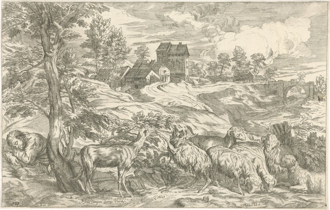 Landschap met slapende herder door Valentin Lefebvre