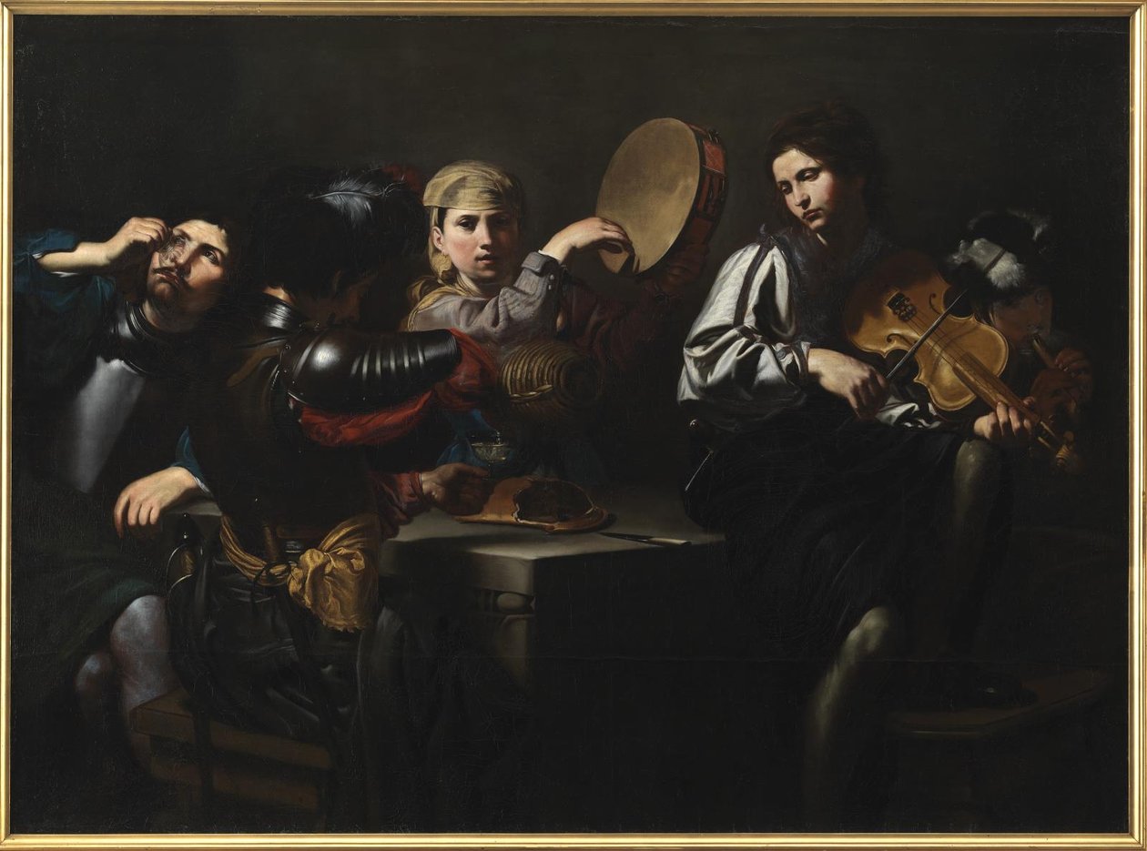 Muzikanten en soldaten door Valentin de Boulogne