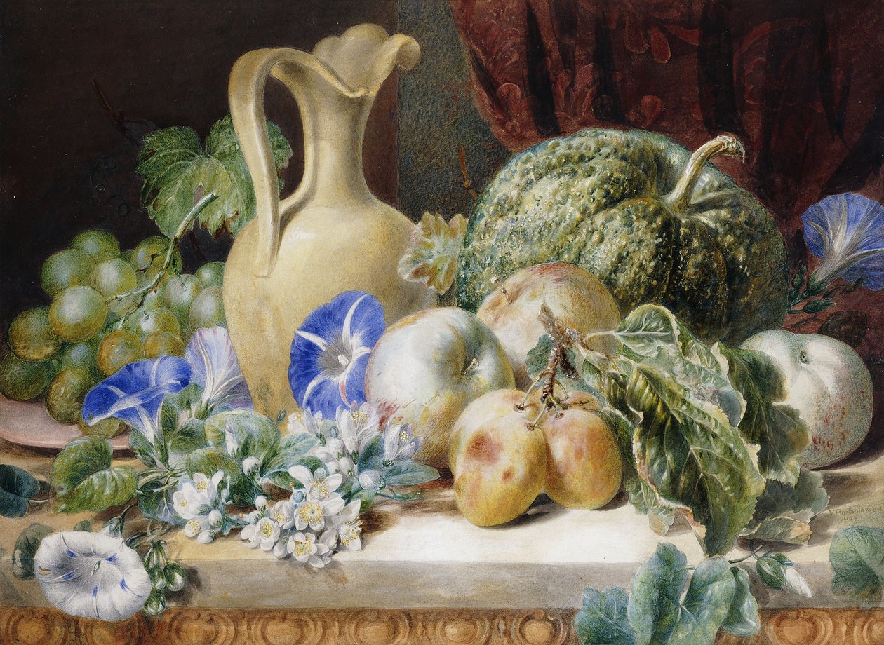 Een Stilleven met een Kan, Appels, Pruimen, Druiven en Bloemen door Valentine Bartholomew