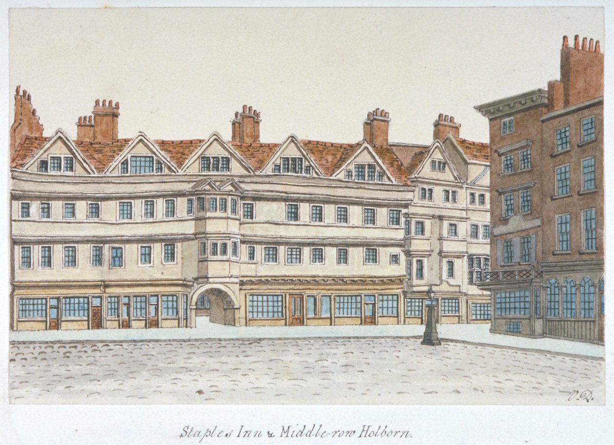Uitzicht op Staple Inn en de gebouwen van Middle Row in het centrum van Holborn, Londen, 1850 door Valentine Davis