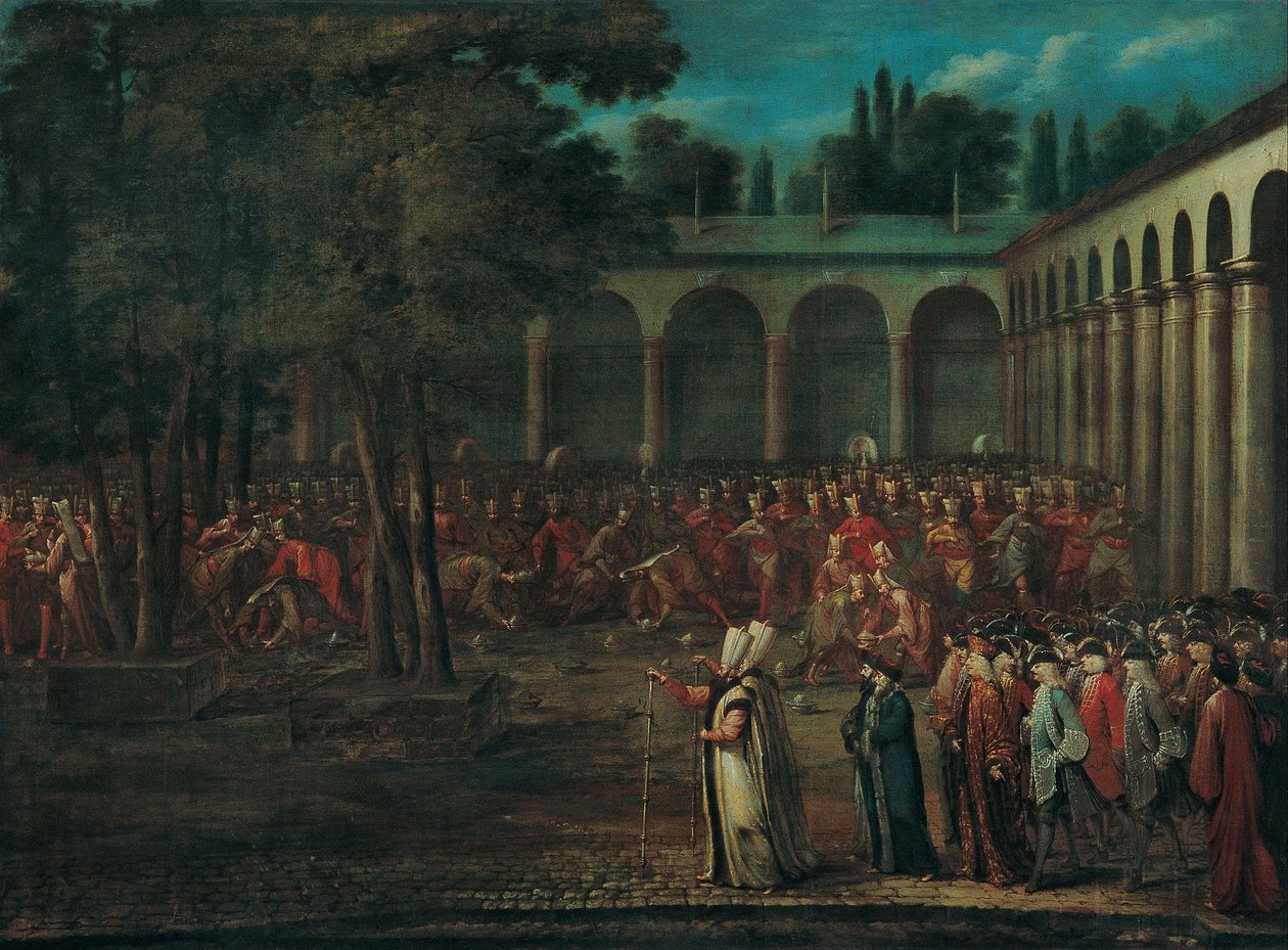 De ambassadeursdelegatie die door de tweede binnenplaats van het Topkapı-paleis trekt, 1720s door Vanmour