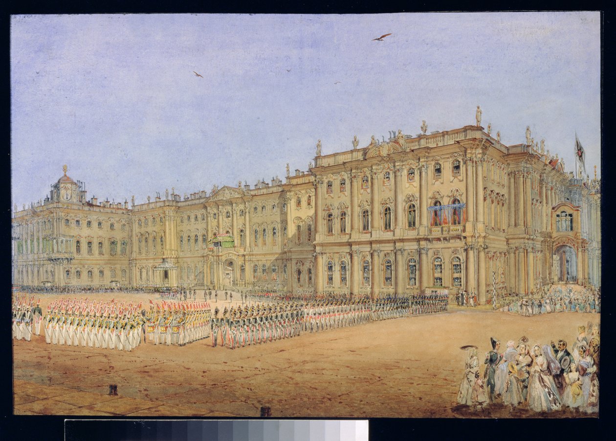 Review in het Winterpaleis in Sint-Petersburg, 1840s door Vasili Semenovich Sadovnikov