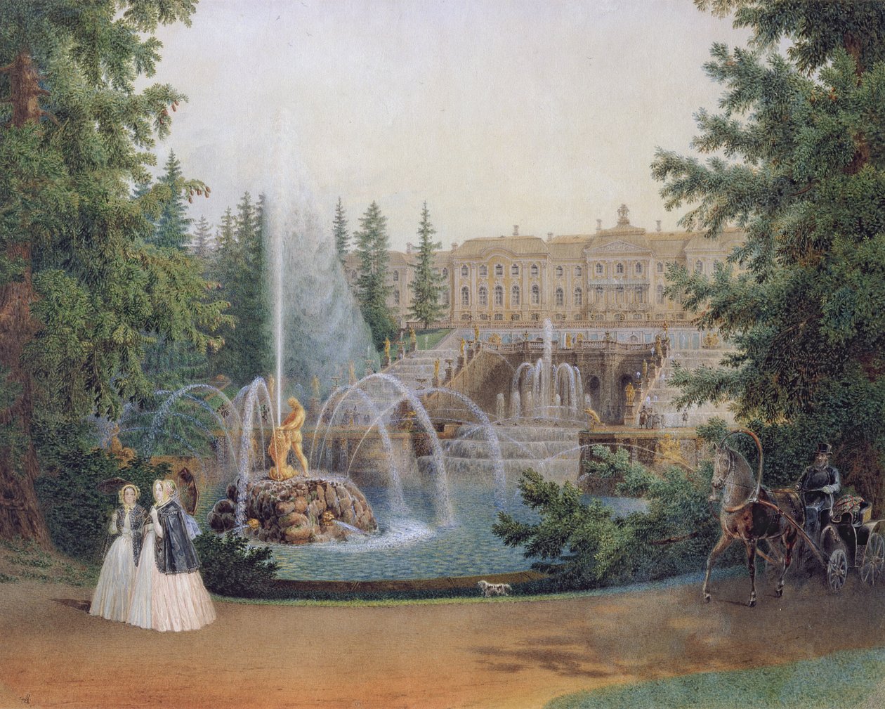 Uitzicht op de Marly Cascade vanuit de Lagere Tuin van het Peterhof Paleis, ca. 1830-60 door Vasili Semenovich Sadovnikov