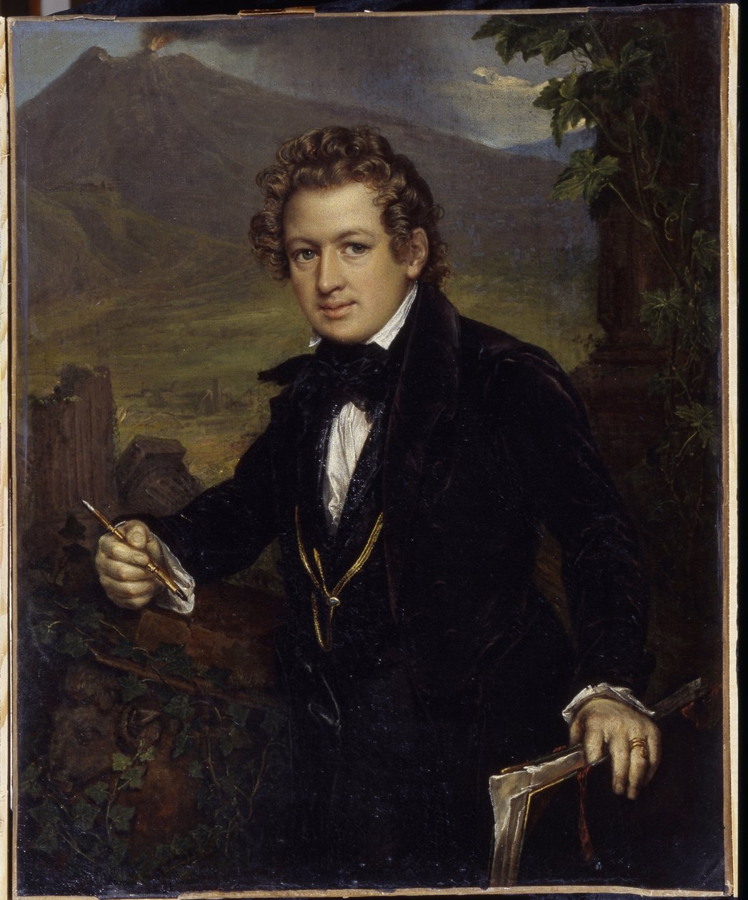 Portret van de schilder Karl Pavlovich Briullov (1799-1852). Afgebeeld voor een vulkaan, de schilder houdt een potlood en zijn tekenbord vast. Schilderij van Vasili Andreyevich Tropinin door Vasili Andreevich Tropinin