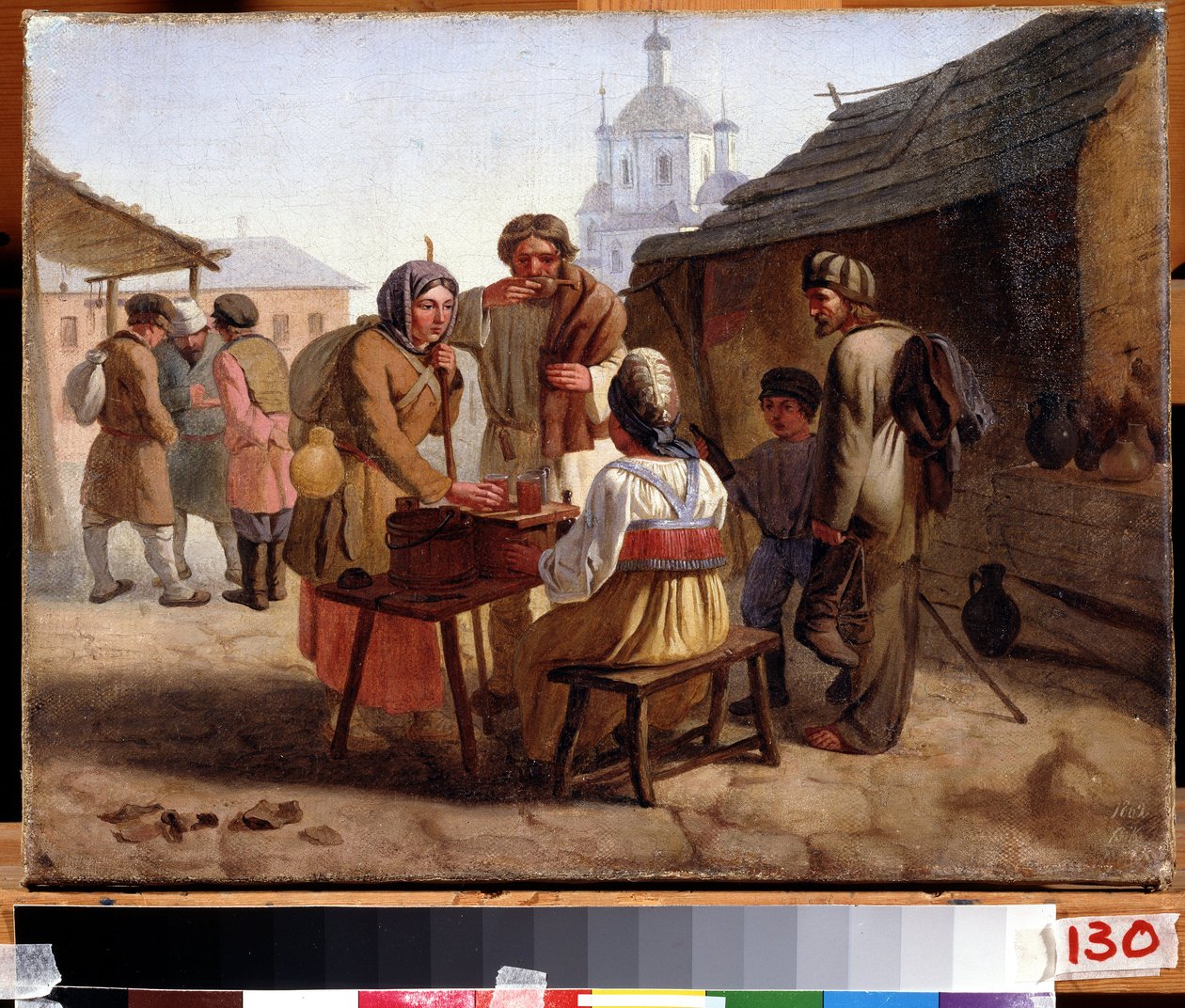 Een kvas-verkoper, kvas is een bierachtige drank populair in Rusland en Oost-Europa, schilderij van Vasili Yefimovich (1839-?), 1862, Staats Kunstmuseum van de Tsjoevasjische Republiek, Tsjeboksary door Vasili Efimovich Kallistov