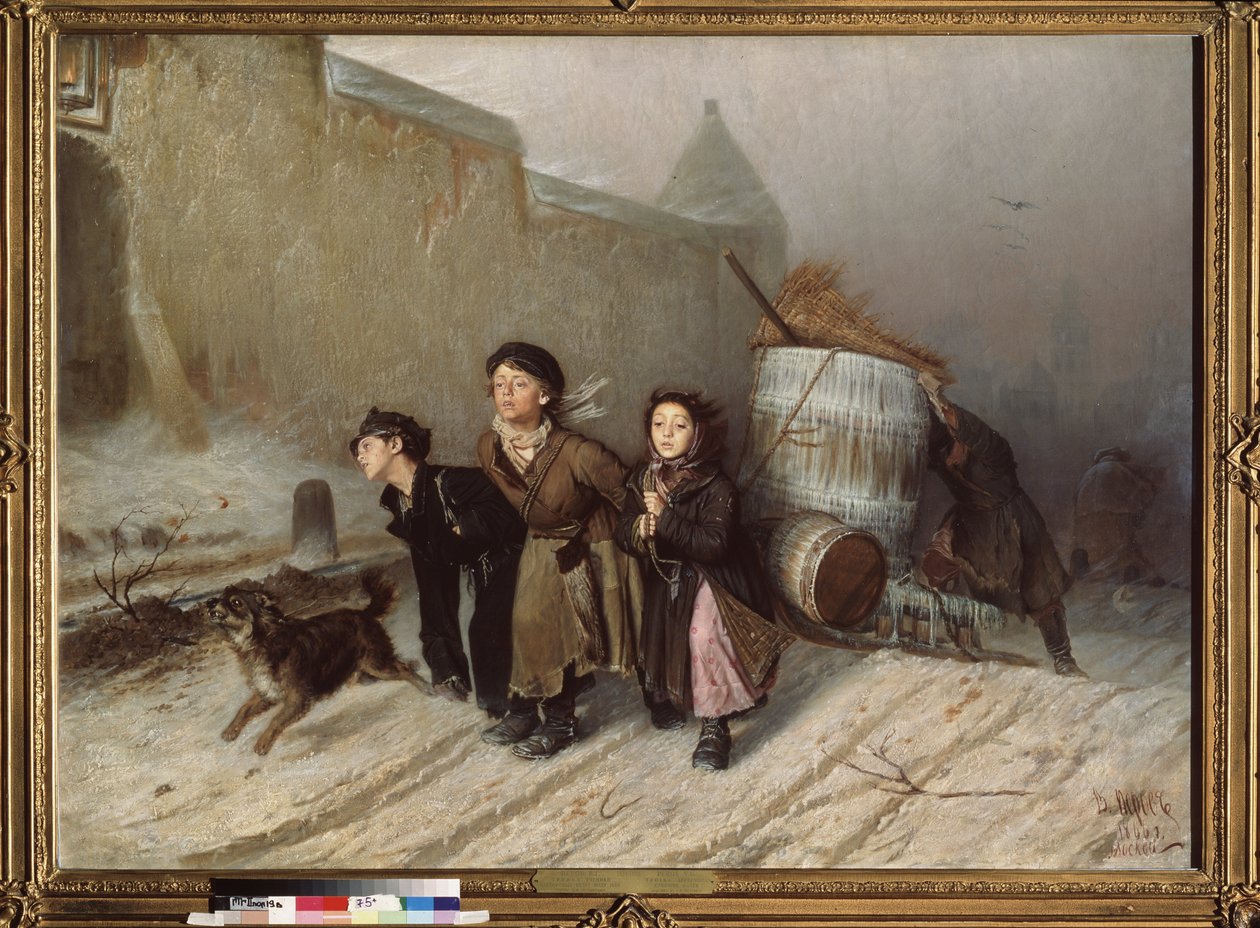 Troika (Slede). De leerlingen op zoek naar water. (Straat in de winter) door Vasili Grigorevich Perov