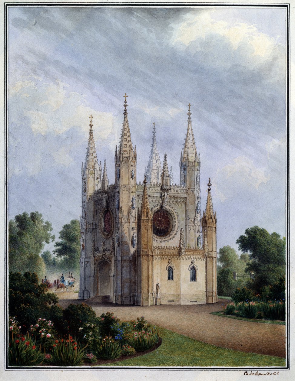 De gotische kerk van Peterhof (Rusland) door Vasili Semenovich Sadovnikov