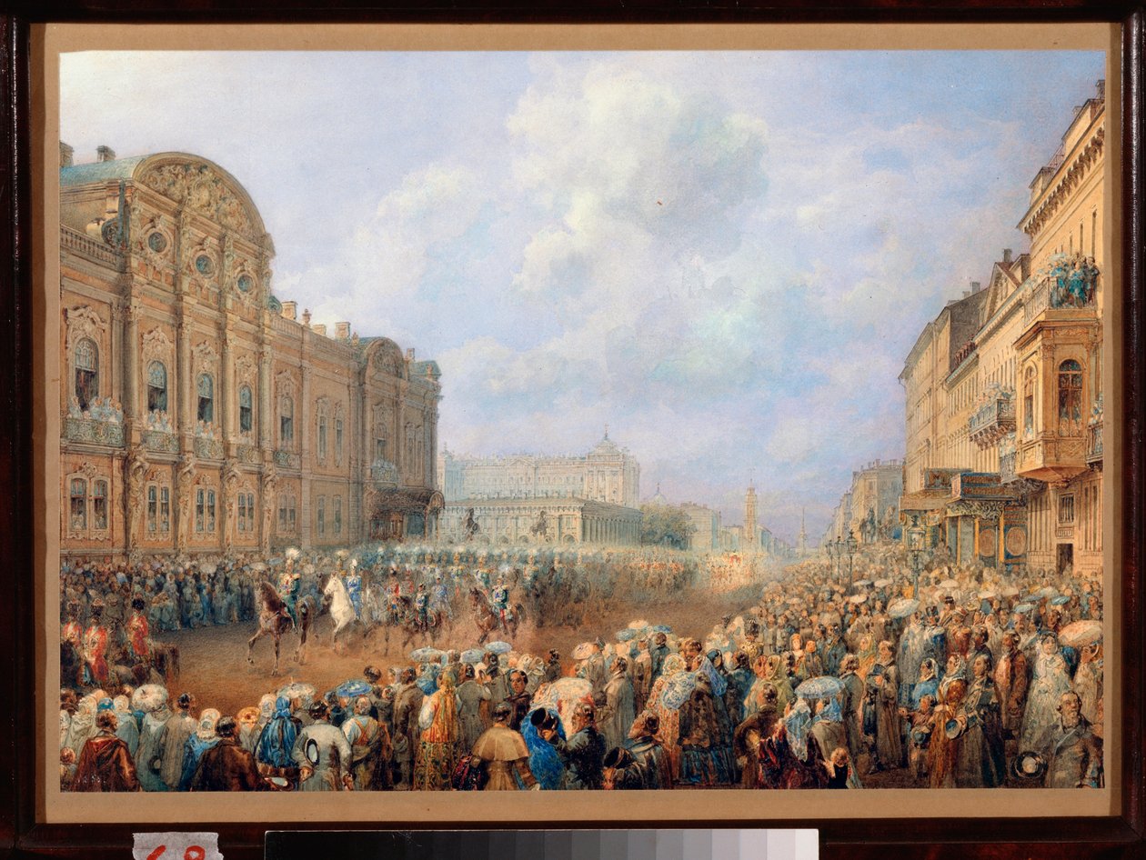 Parade op de Neva-avenue (Nevski Prospekt) bij het Belosselski Belozerski-paleis. (Sint-Petersburg). Werk van Vasily Semyonovich Sadovnikov (1800-1879) door Vasili Semenovich Sadovnikov