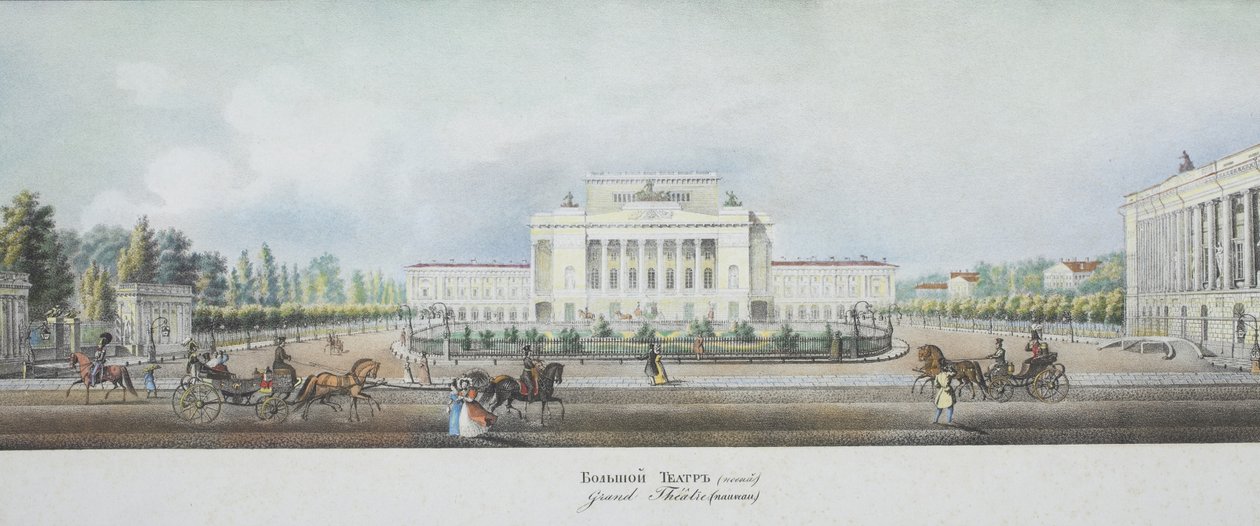 Het Sint-Petersburgse Keizerlijke Bolshoi Kamenny Theater uit het panorama van de Nevsky Prospekt door Vasili Semenovich Sadovnikov