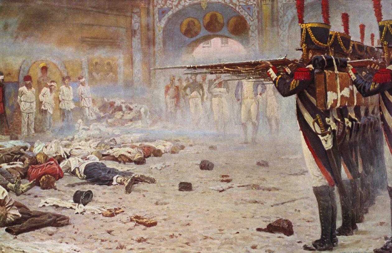 Vuurpeloton executeert gevangenen (kleurenlitho) door Vasili Vasilievich Vereshchagin