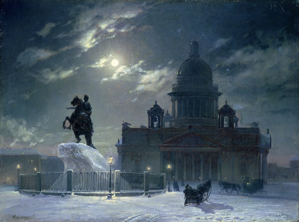Uitzicht op het monument voor Peter de Grote op het Senaatsplein, St. Petersburg, 1870 door Vasilij Ivanovic Surikov