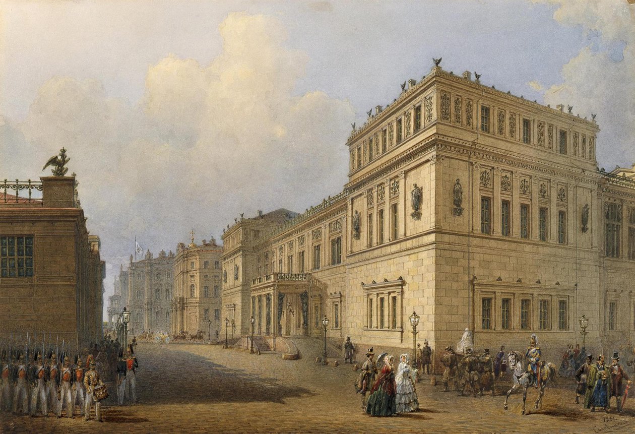 Zicht op de Nieuwe Hermitage door Millionnaya Straat door Vasily Semyonovich Sadonikov