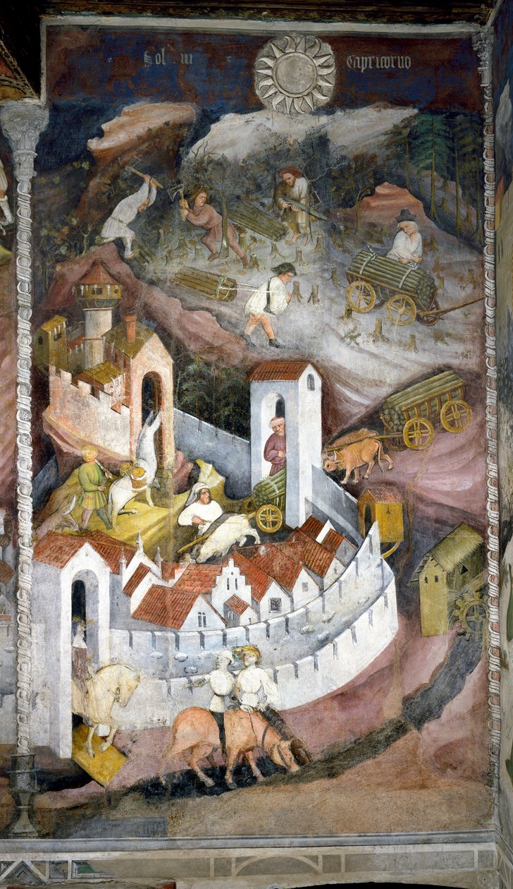 December: de houthakkers verzamelen het hout en brengen het terug naar de stad Trento waar de muur en het kasteel van Buonconsiglio worden weergegeven door Venceslao Maestro