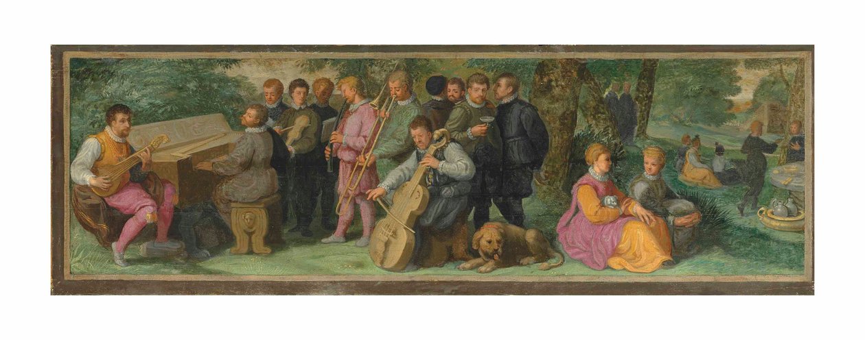 Een Pastoraal Concert, met Elegante Figuren die een Cittern, een Klavecimbel, een Viool, een Cornett, een Trombone en een Violoncello Spelen door Venetian School