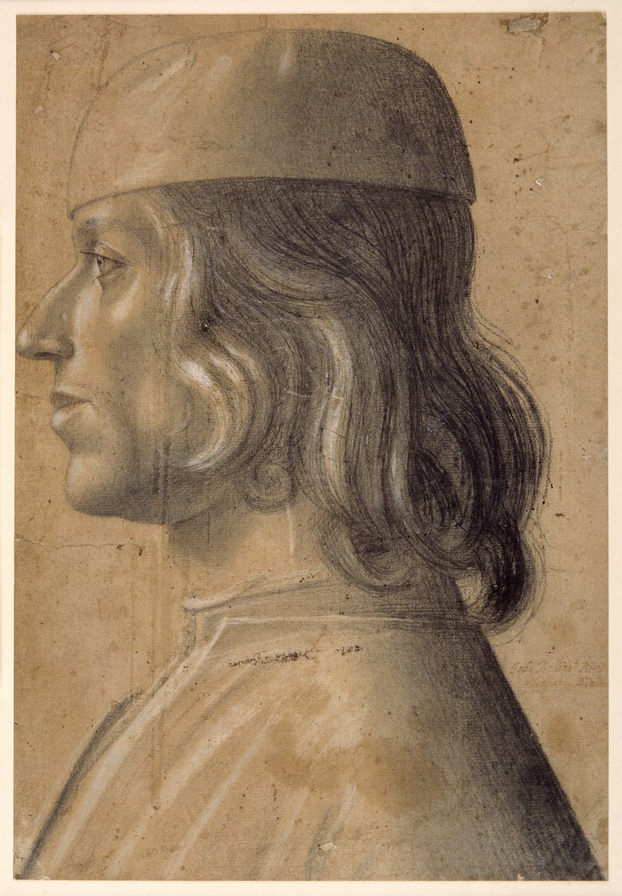 Borstbeeldportret van een man in profiel naar links, met een pet door Venetian School