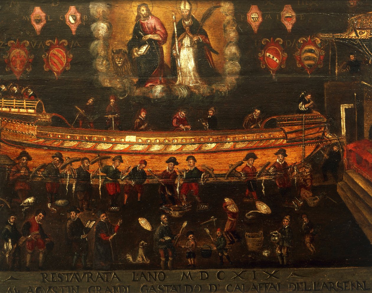 Uithangbord van het Gilde van Scheepsbouw in de Arsenale van Venetië, Italië door Venetian School