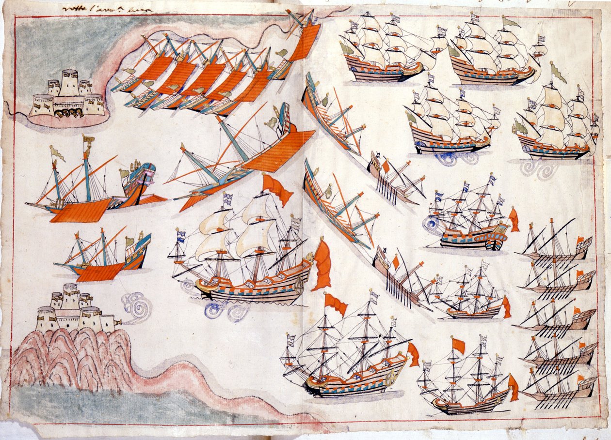Oorlog tussen Venetië en het Ottomaanse Rijk: Slag bij de Dardanellen die de overwinning van de Venetiaanse kapitein Lorenzo Marcello in 1655 zag (aquarel) door Venetian School