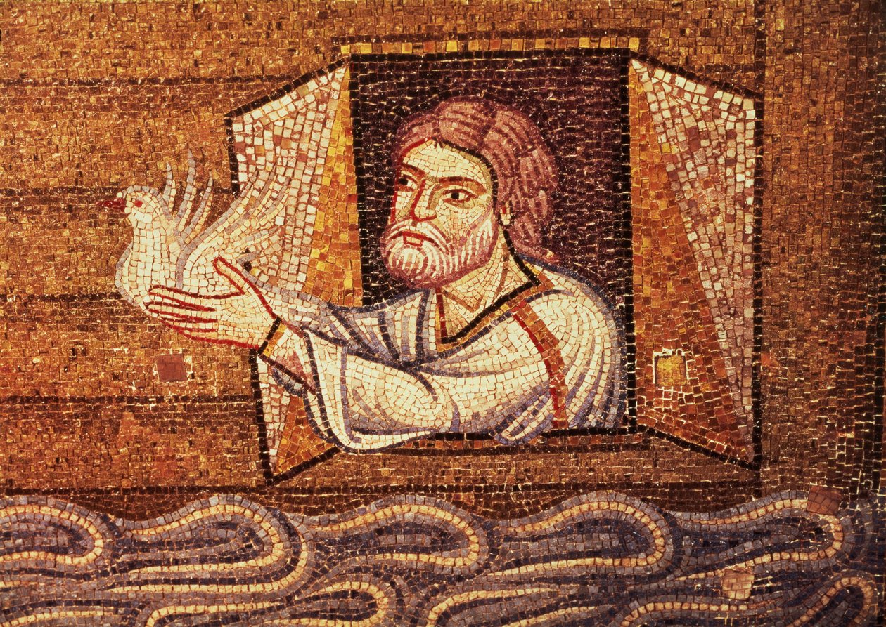 De zondvloed, uit het Atrium, detail van Noach die de witte duif loslaat (mozaïek) door Byzantine School