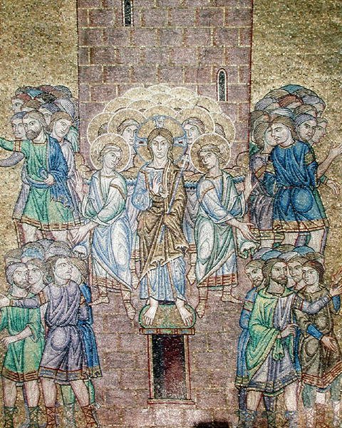 De Toren van Babel, detail van Christus en heiligen die de arbeiders verspreiden door Byzantine School