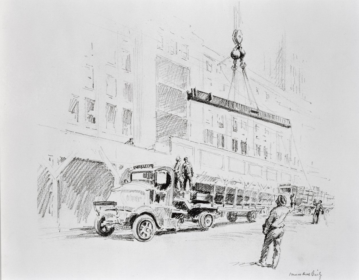 Stalen balk wordt omhoog getakeld van de vrachtwagen, te gebruiken bij de bouw van het Empire State Building, uitgegeven door William Edwin Rudge door Vernon Howe Bailey