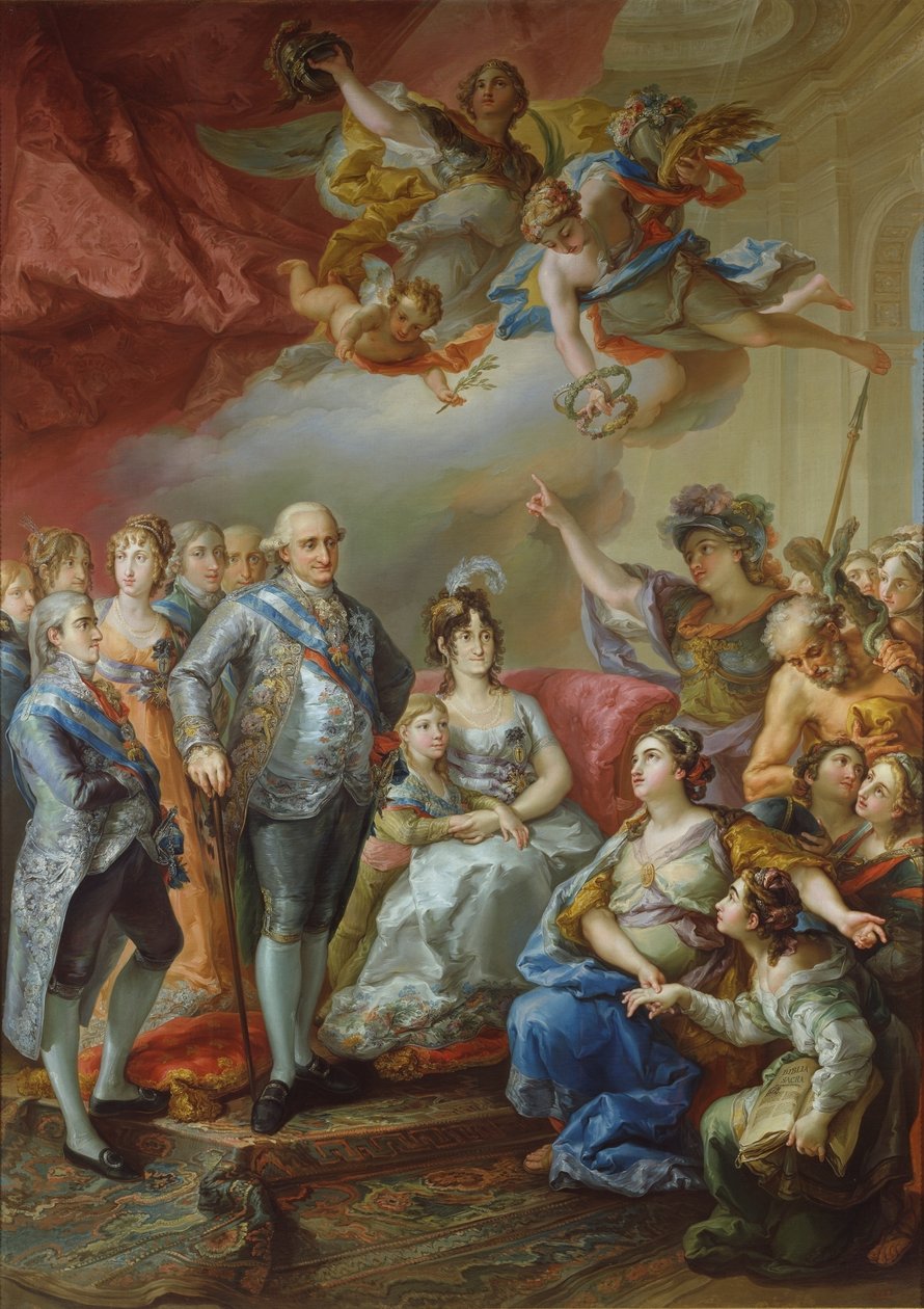 Spaans: Herdenking van het bezoek van Karel IV en zijn familie aan de Universiteit van Valencia in 1802. De Literaire Universiteit van de stad schonk de vorst dit schilderij waarop de universiteit zelf te zien is, belichaamd door een jonge matrone, die de  door Vicente López Portaña