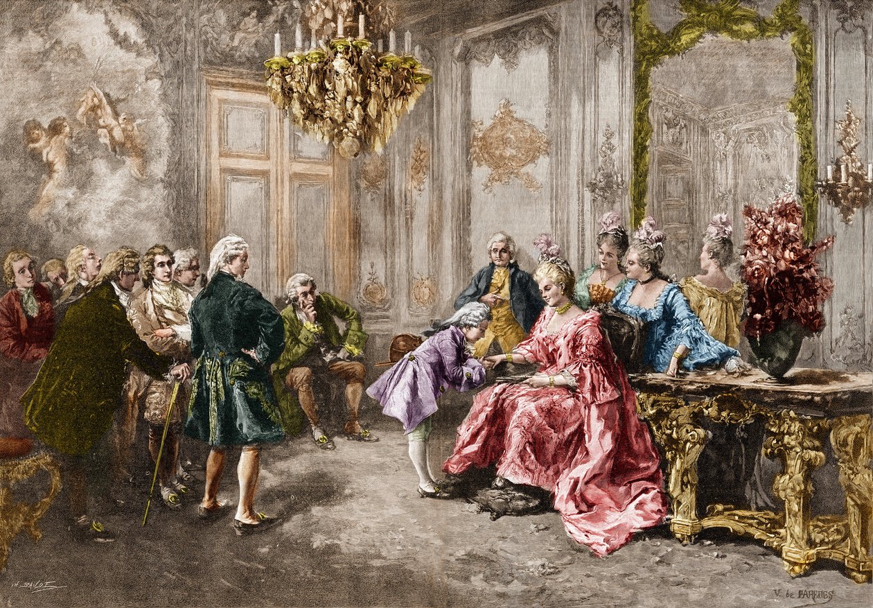 Wolfgang Amadeus Mozart (1756-1791) bij Madame de Pompadour (De familie Mozart tijdens de tournee door Europa) (1763-1766). Gravure naar het schilderij van M. V. de Paredes door Vicente de (after) Paredes