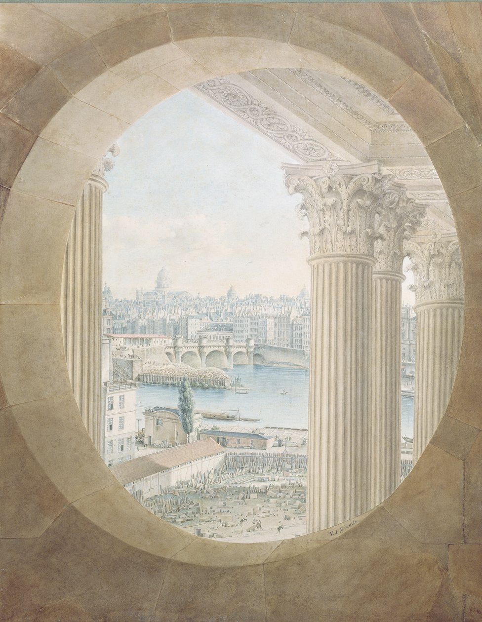 Uitzicht op de Pont Neuf vanuit een Oog van de Louvre, 1810 door Victor Jean Nicolle