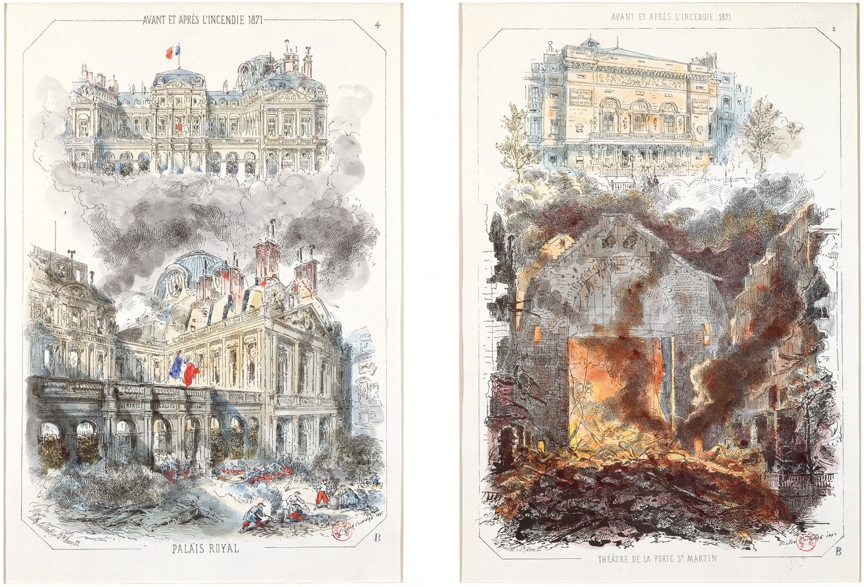 Het Palais Royal en het Theatre de la Porte Saint-Martin voor en na de Brand van 1871 door Victor after Coindre