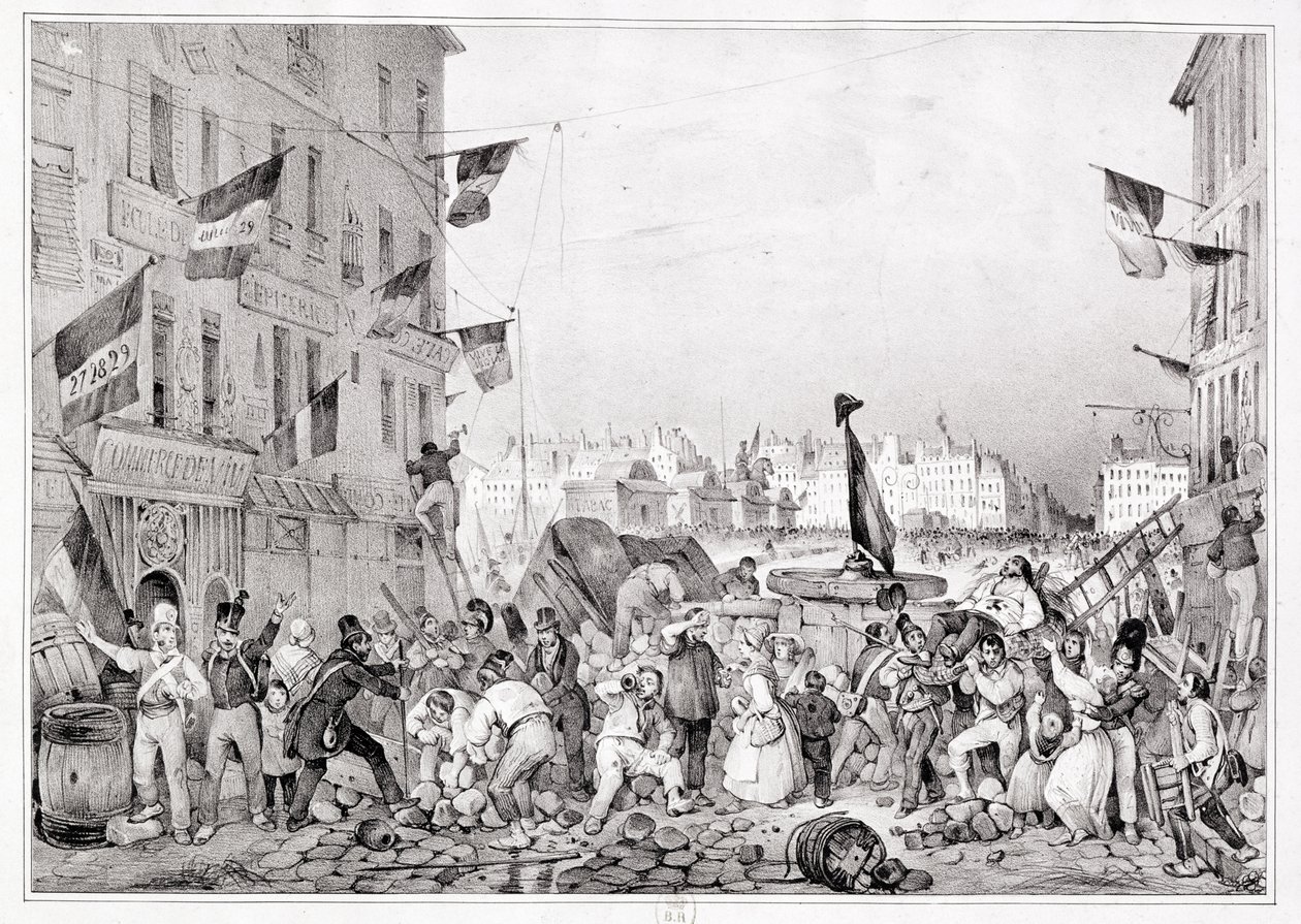 Barricade bij de Rue Dauphine, 29 juli 1830, gegraveerd door H. Delaporte door Victor Adam