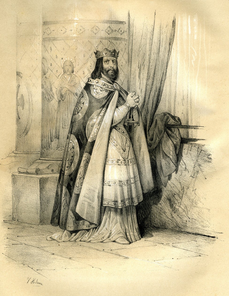 Dagobert I (ca. 600-639) koning van Austrasië (623 tot 629), koning van alle Franken (629 tot 634), koning van Neustrië en Bourgondië (634 tot 639). Het bewind van Dagobert I door Victor Adam