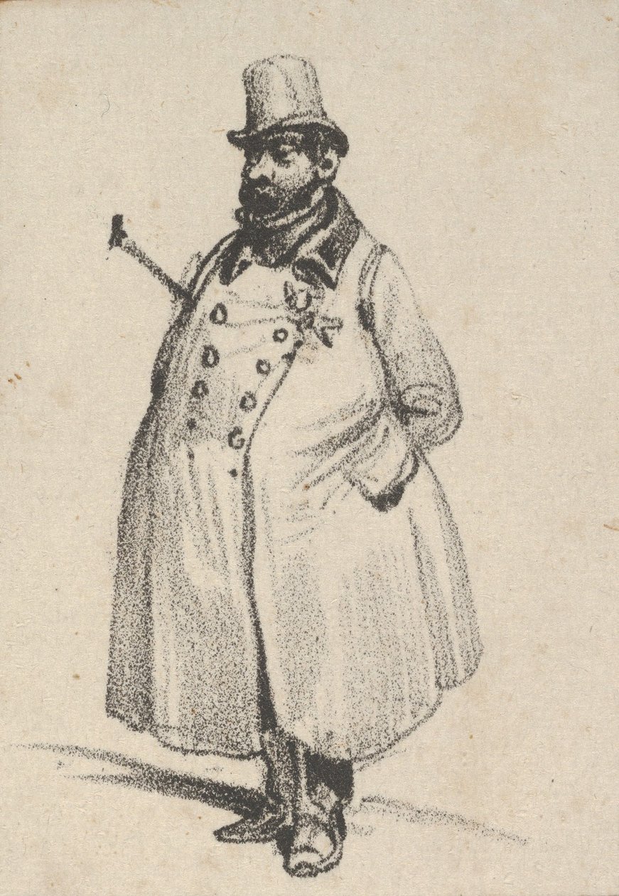 Man met een jas en een hoed met een wandelstok onder zijn arm door Victor Adam