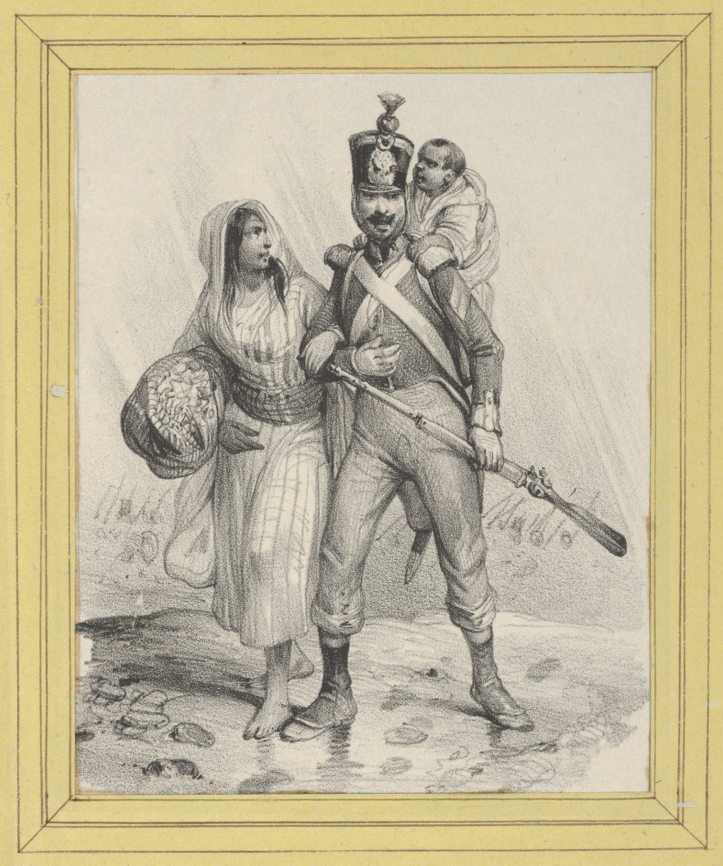 Soldat mit einer Frau am Arm und einem Kind auf dem Rücken door Victor Adam