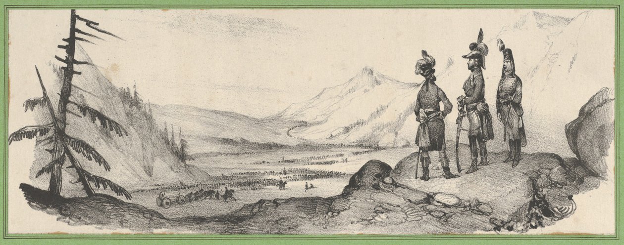 Drie soldaten in een landschap door Victor Adam