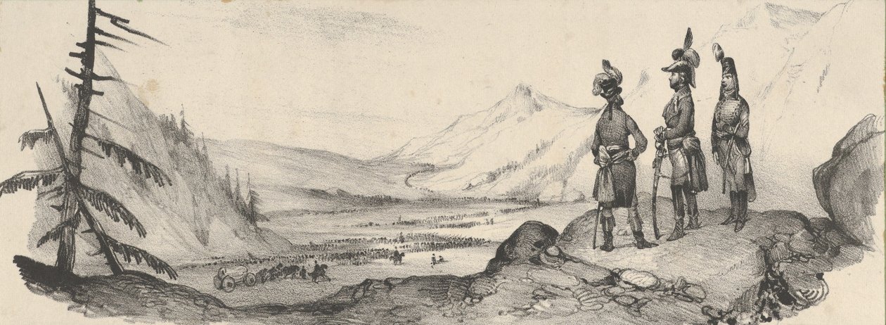 Drie soldaten in een landschap, midden 19e eeuw door Victor Adam
