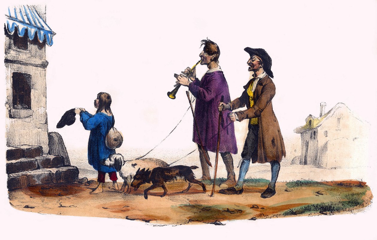 Twee blinden geleid door honden en een bedelend kind. In 
