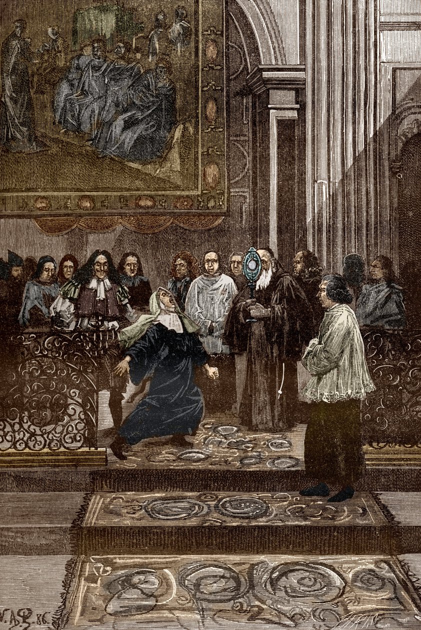 Affaire van de bezetenen van Loudun (demonen van Loudun) circa 1630: Exorcisme van de bezeten moeder-overste van het Ursulinenklooster door de priester van Chinon, Pierre Barre (illustratie voor bezetenen van Loudun) door Victor Armand Poirson