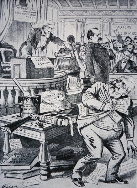 Grover Cleveland (1837-1908) vertelt de waarheid over zijn privéleven, terwijl zijn tegenstander James Blaine (1830-93) als corrupt wordt afgebeeld door Victor Gillam